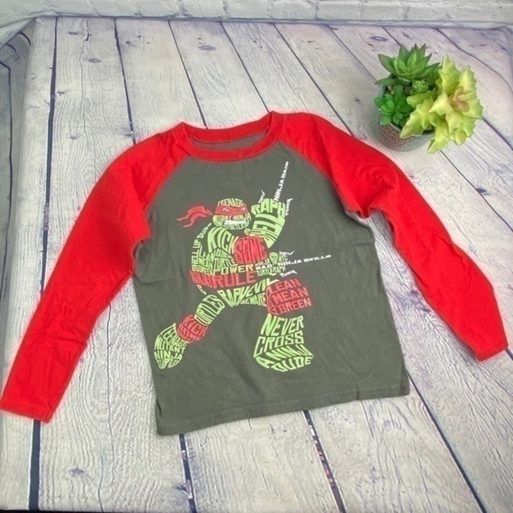 Nickelodeon Grey Red TMNT Raglan Shirt Kids Small Raphael Graphic Long Sleeve - Picture 2 of 7